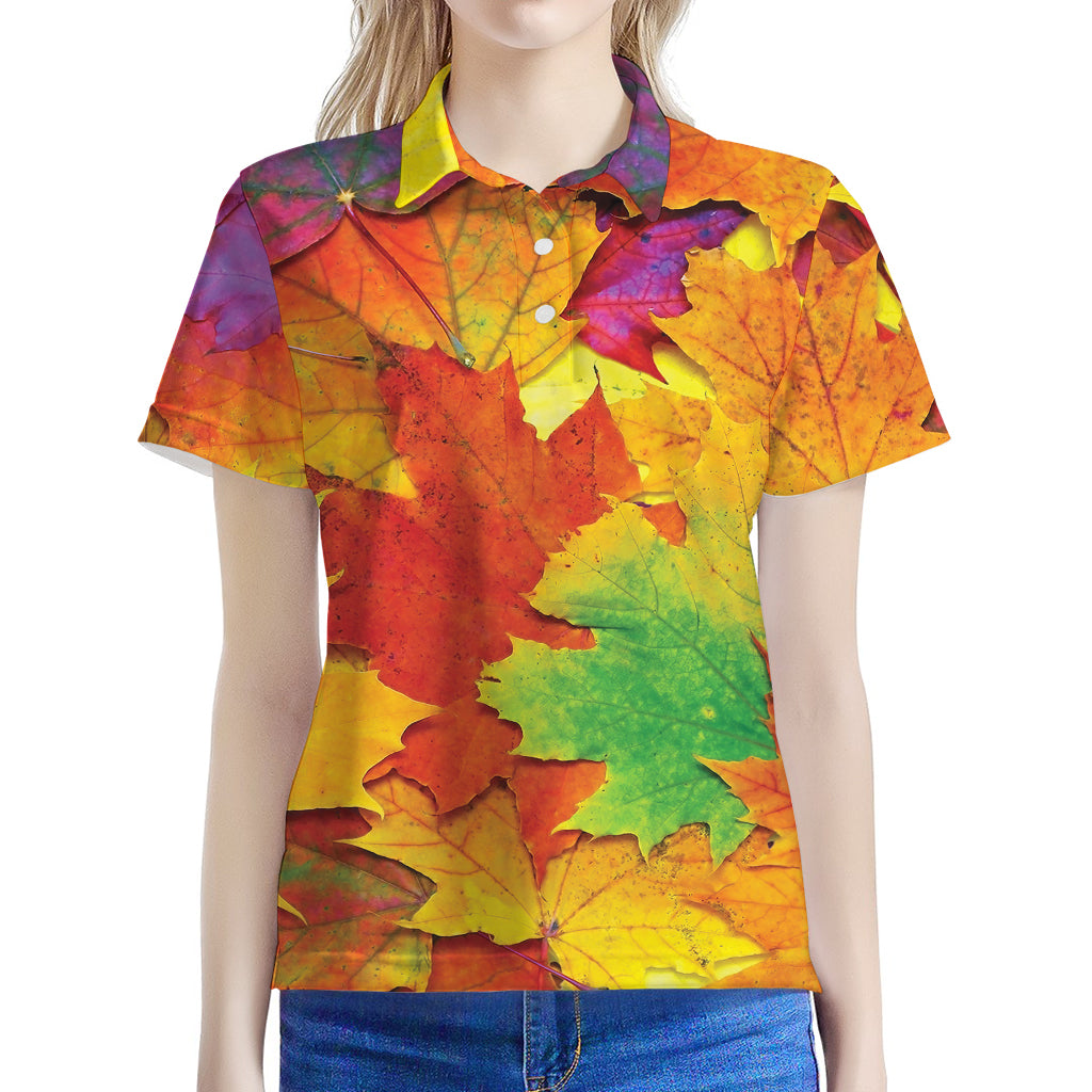 Autumn Maple Leaves Print Women's Polo Shirt