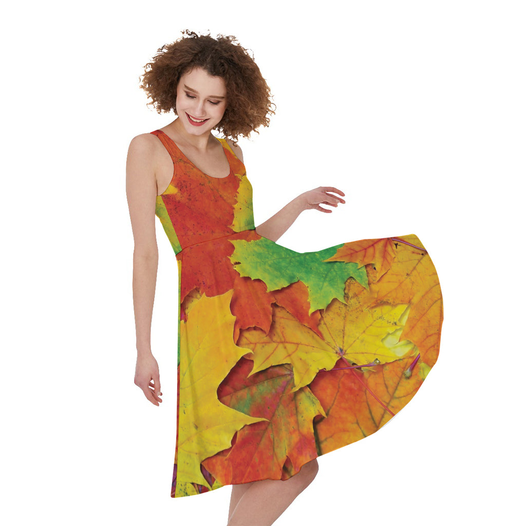 Autumn Maple Leaves Print Women's Sleeveless Dress