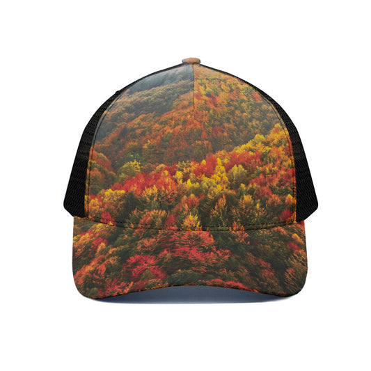 Autumn Mountain Print Black Mesh Trucker Cap