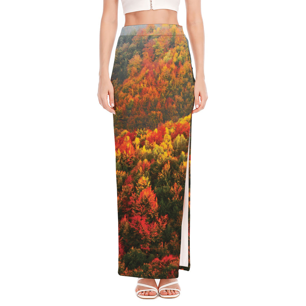 Autumn Mountain Print High Slit Maxi Skirt