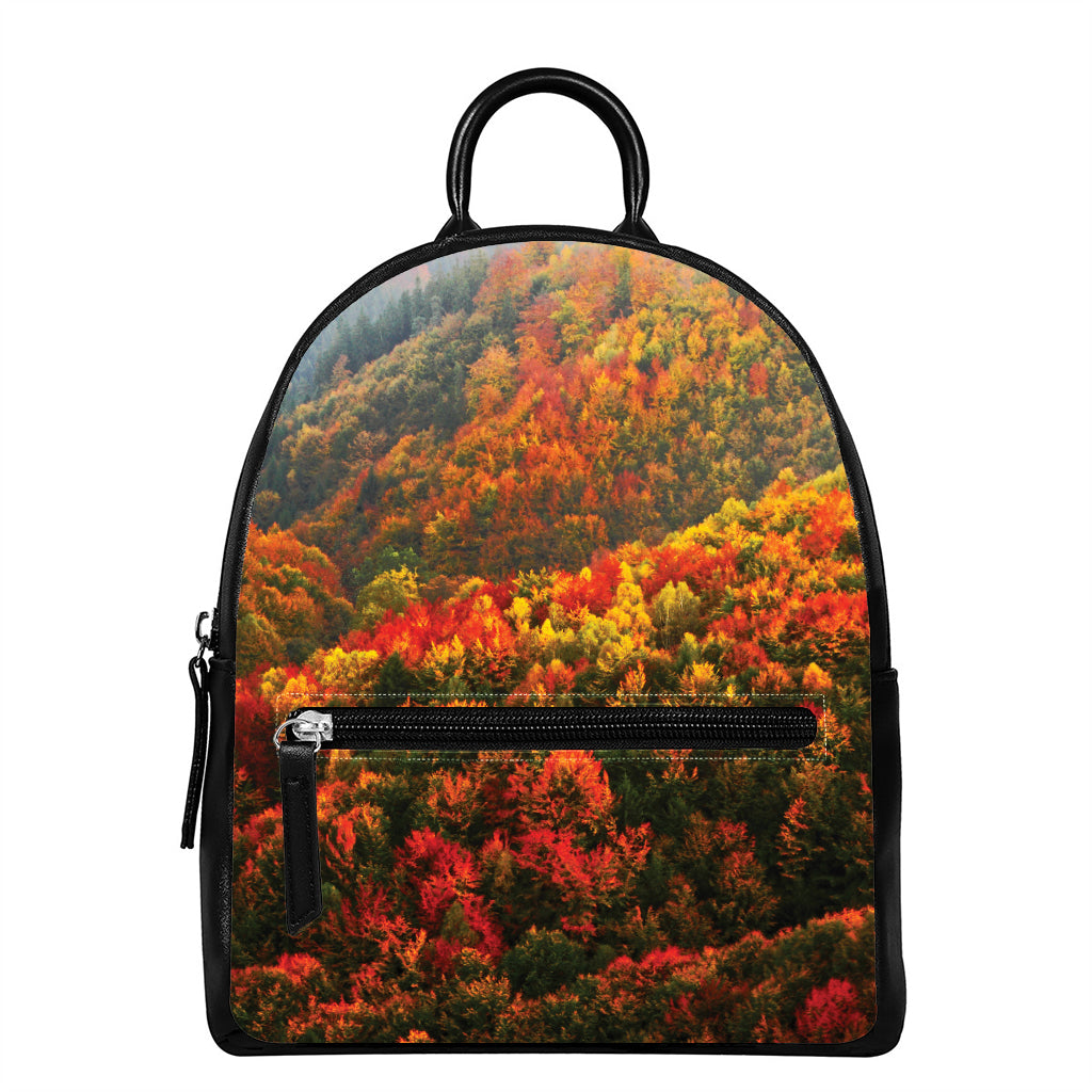 Autumn Mountain Print Leather Backpack