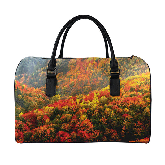 Autumn Mountain Print Leather Duffle Bag