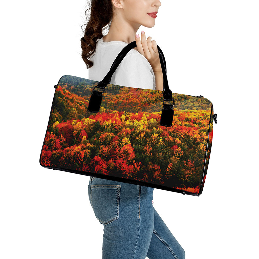 Autumn Mountain Print Leather Duffle Bag