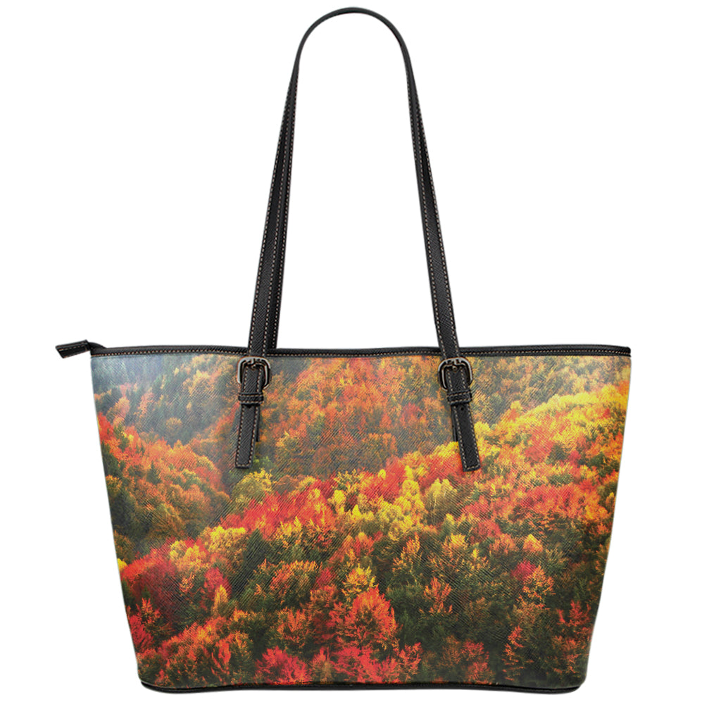 Autumn Mountain Print Leather Tote Bag