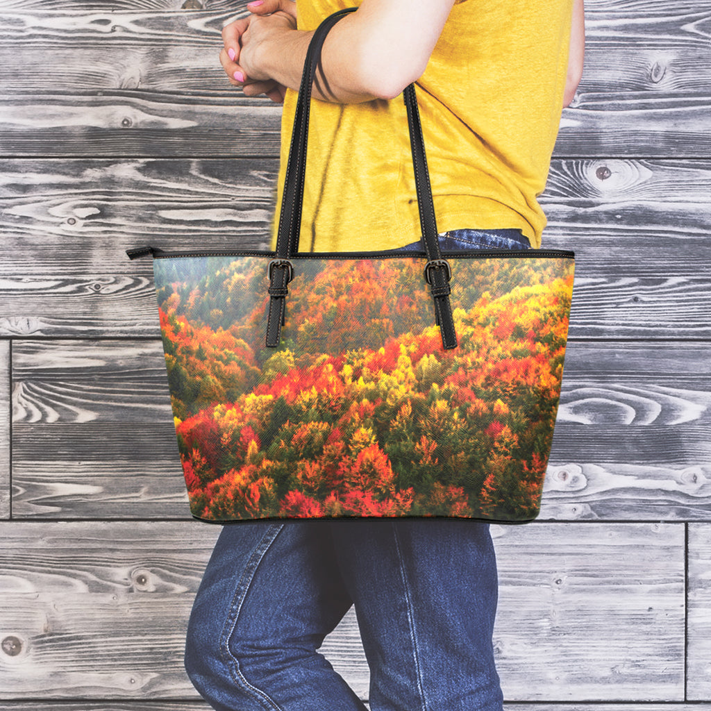 Autumn Mountain Print Leather Tote Bag