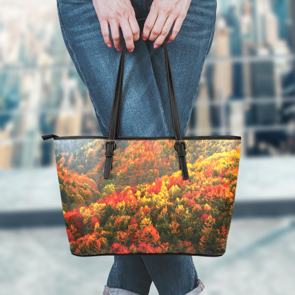 Autumn Mountain Print Leather Tote Bag