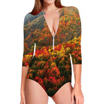 Autumn Mountain Print Long Sleeve Swimsuit