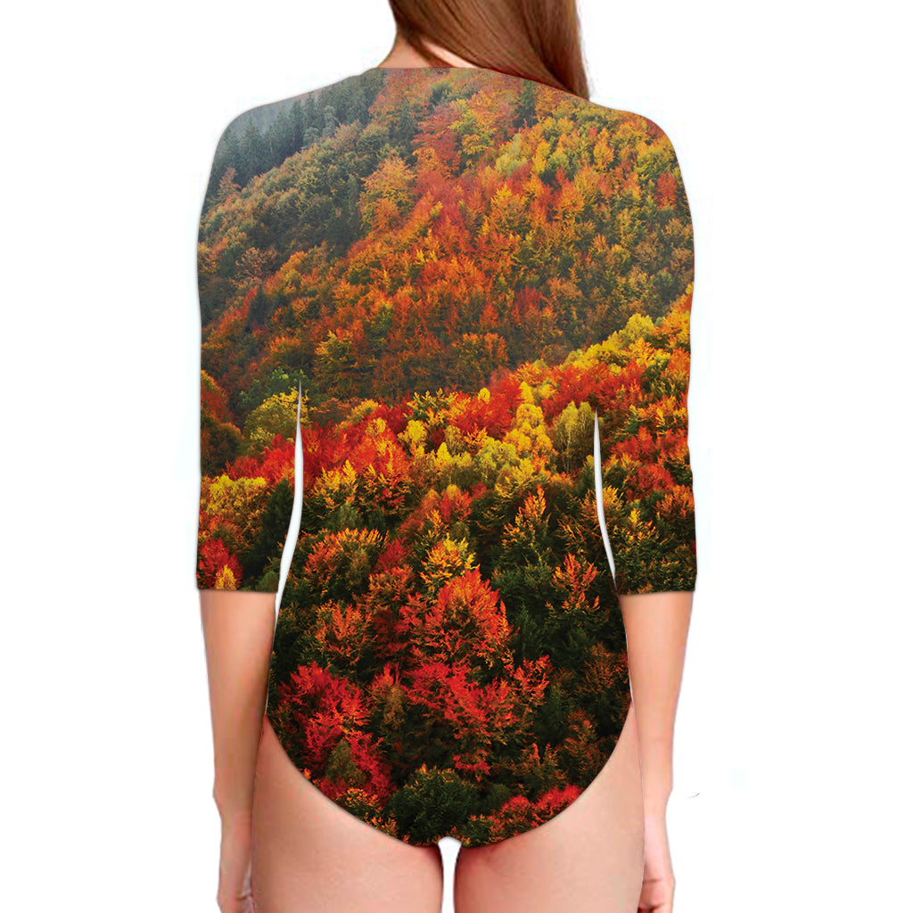 Autumn Mountain Print Long Sleeve Swimsuit