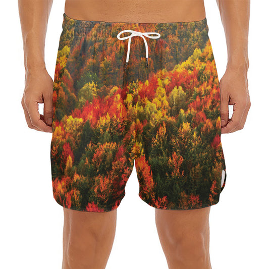 Autumn Mountain Print Men's Split Running Shorts