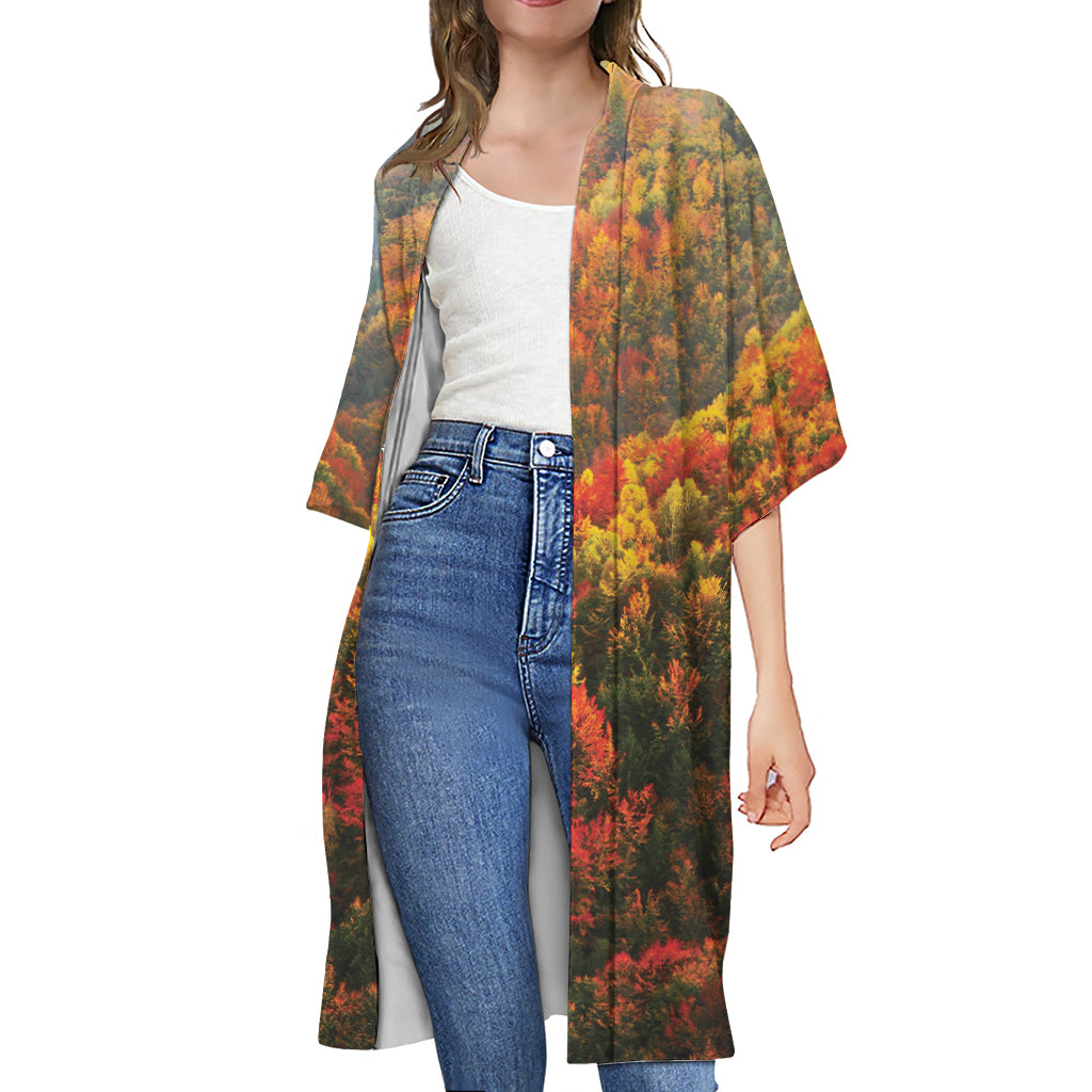 Autumn Mountain Print Open Front Beach Cover Up