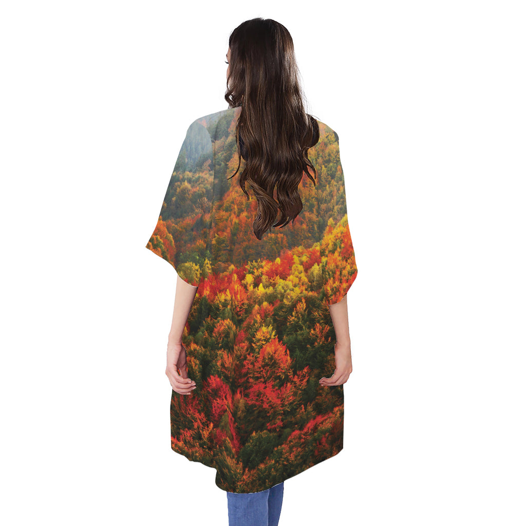 Autumn Mountain Print Open Front Beach Cover Up