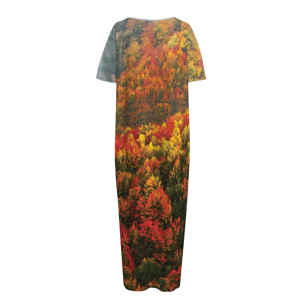 Autumn Mountain Print Short Sleeve Long Nightdress