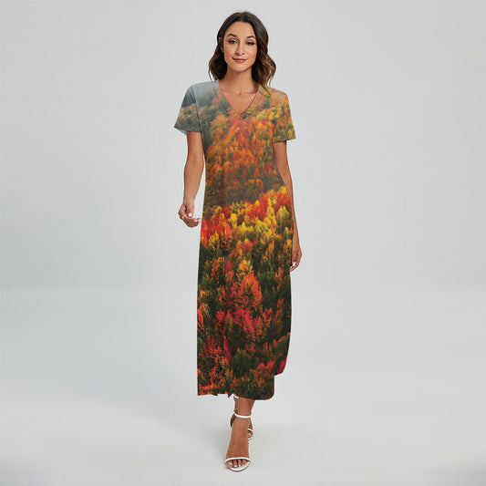 Autumn Mountain Print Short Sleeve Maxi Dress