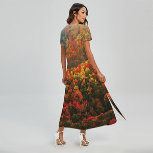 Autumn Mountain Print Short Sleeve Maxi Dress