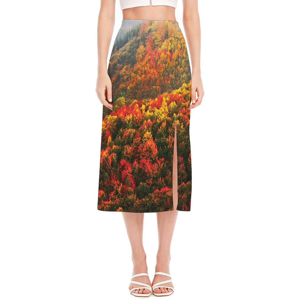 Autumn Mountain Print Side Slit Midi Skirt