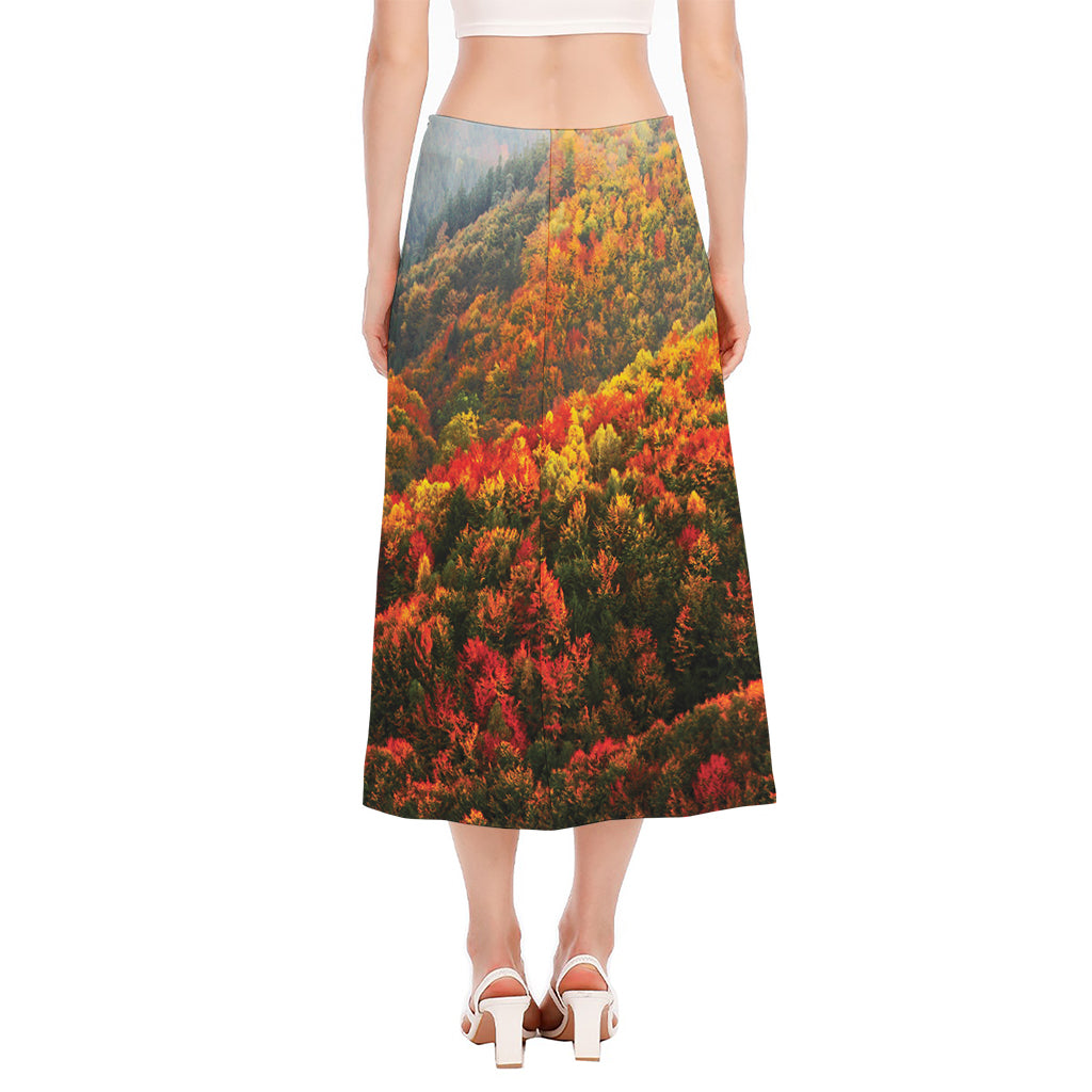 Autumn Mountain Print Side Slit Midi Skirt