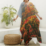 Autumn Mountain Print Silk V-Neck Kaftan Dress