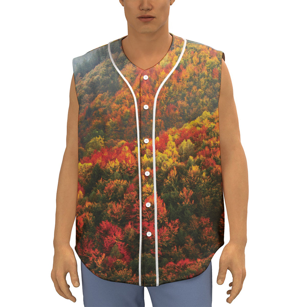 Autumn Mountain Print Sleeveless Baseball Jersey