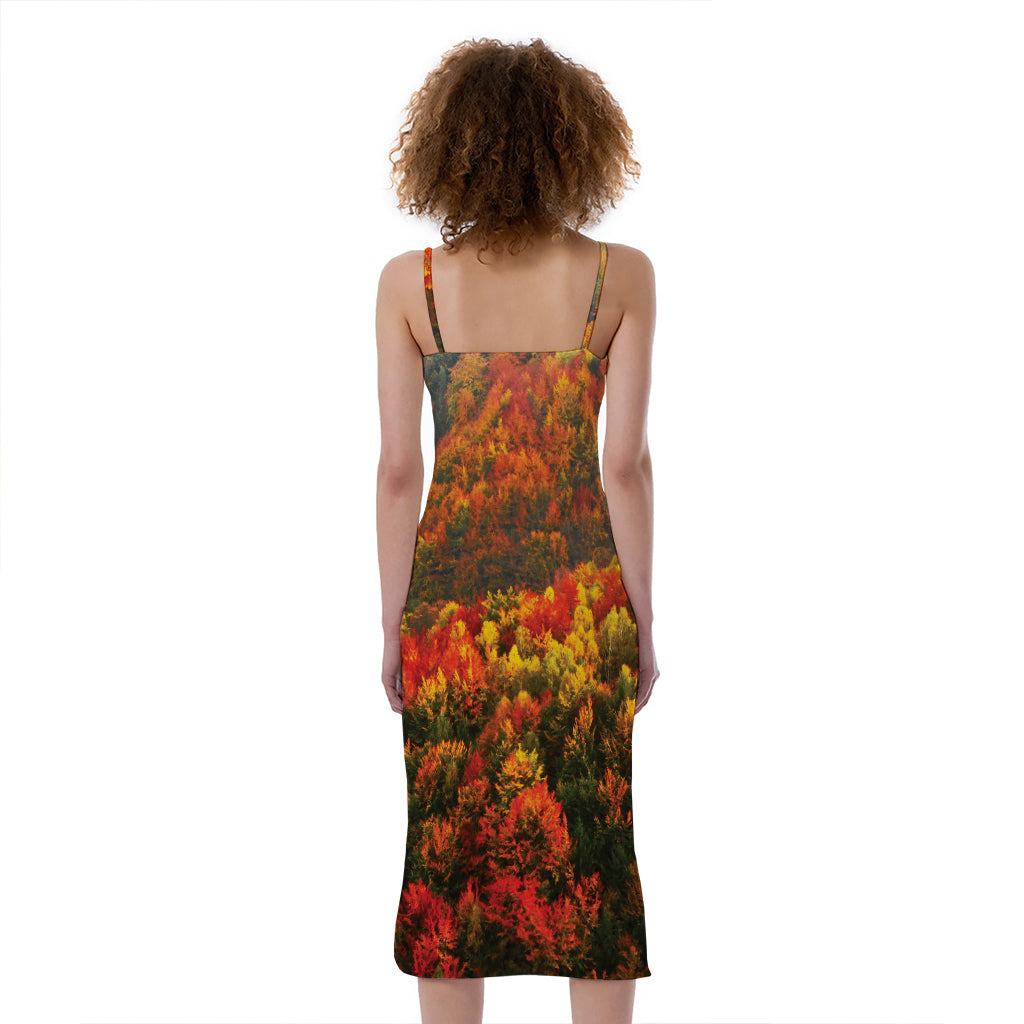 Autumn Mountain Print Slim Fit Midi Cami Dress