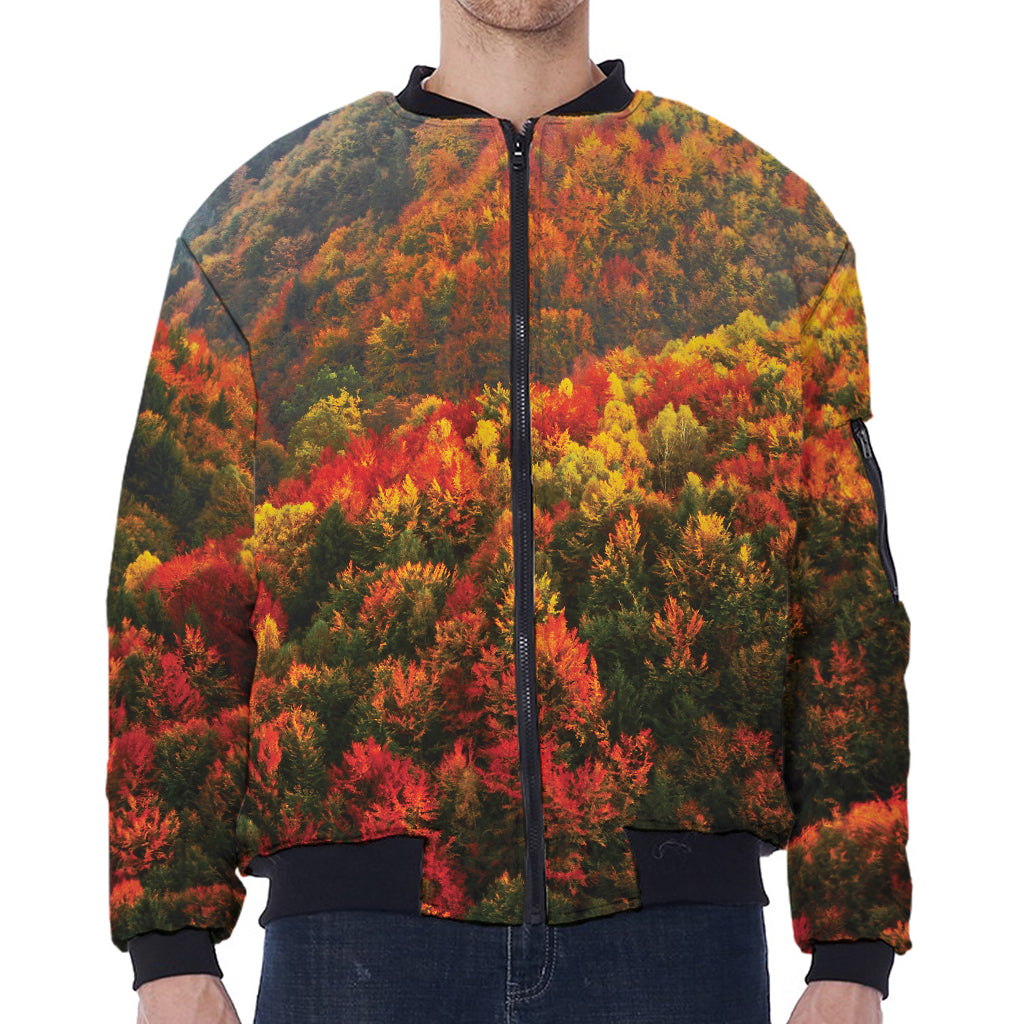 Autumn Mountain Print Zip Sleeve Bomber Jacket