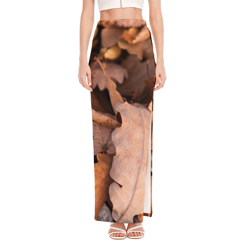 Autumn Oak leaf Print High Slit Maxi Skirt