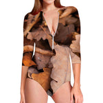 Autumn Oak leaf Print Long Sleeve Swimsuit