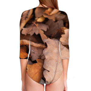 Autumn Oak leaf Print Long Sleeve Swimsuit