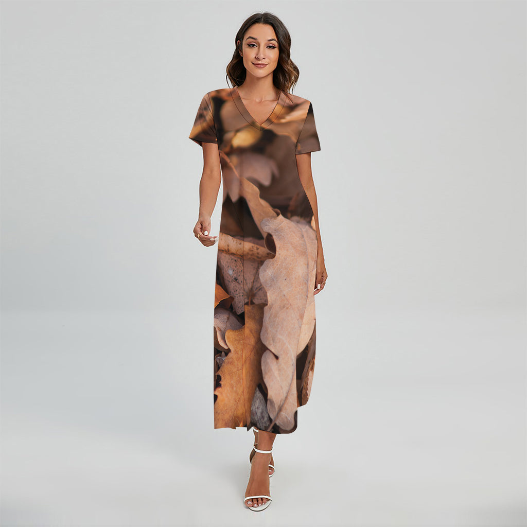 Autumn Oak leaf Print Short Sleeve Maxi Dress