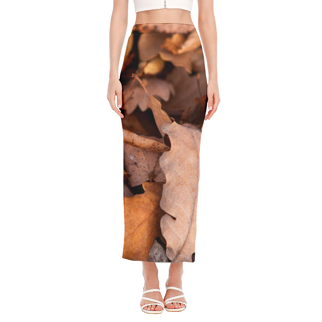 Autumn Oak leaf Print Side Slit Maxi Skirt