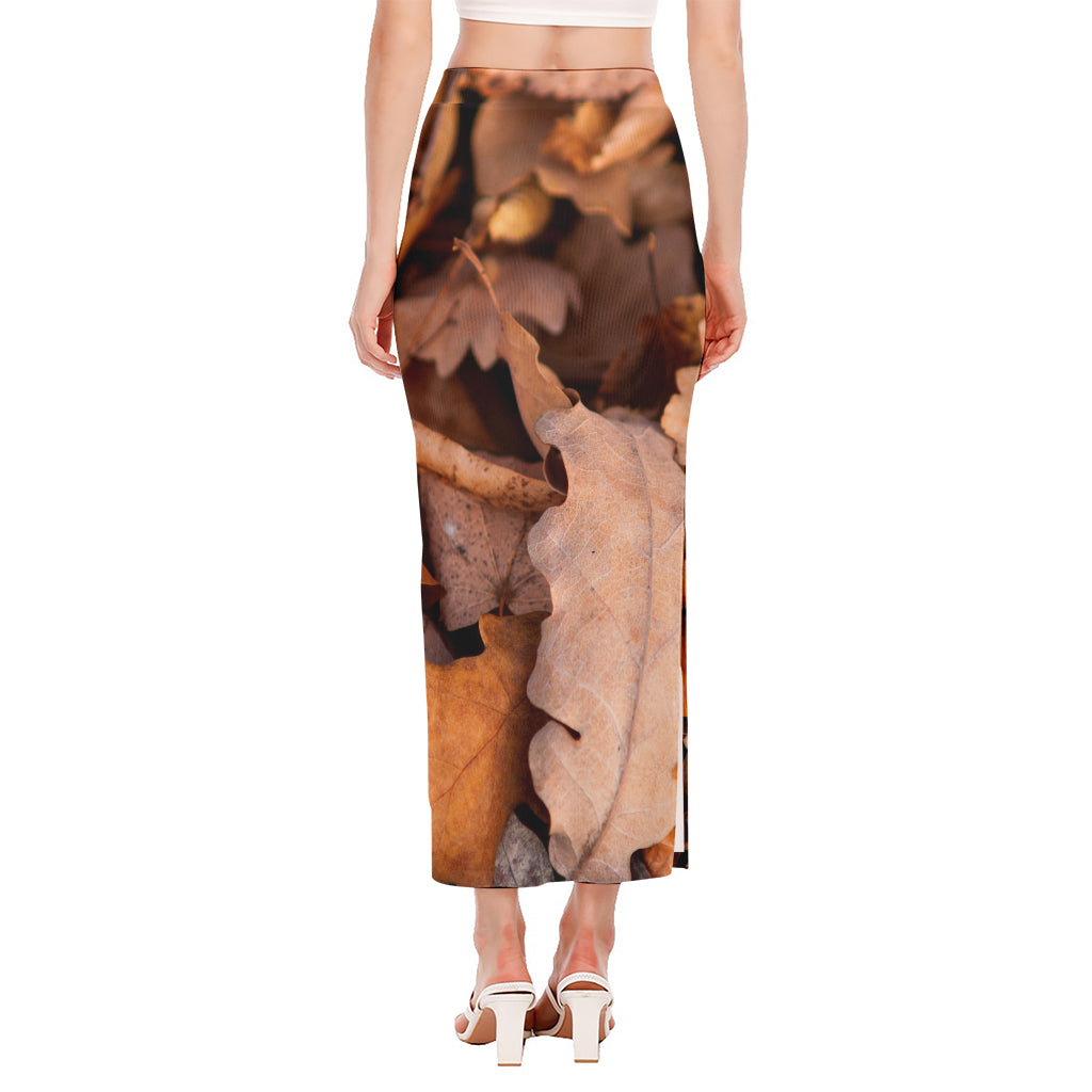 Autumn Oak leaf Print Side Slit Maxi Skirt