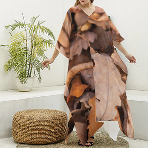 Autumn Oak leaf Print Silk V-Neck Kaftan Dress