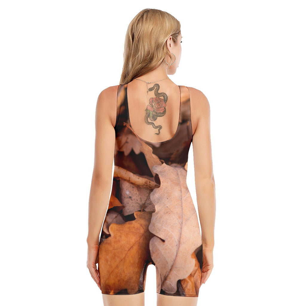 Autumn Oak leaf Print Sleeveless One Piece Swimsuit