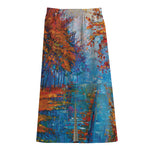 Autumn Painting Print Cotton Front Slit Maxi Skirt