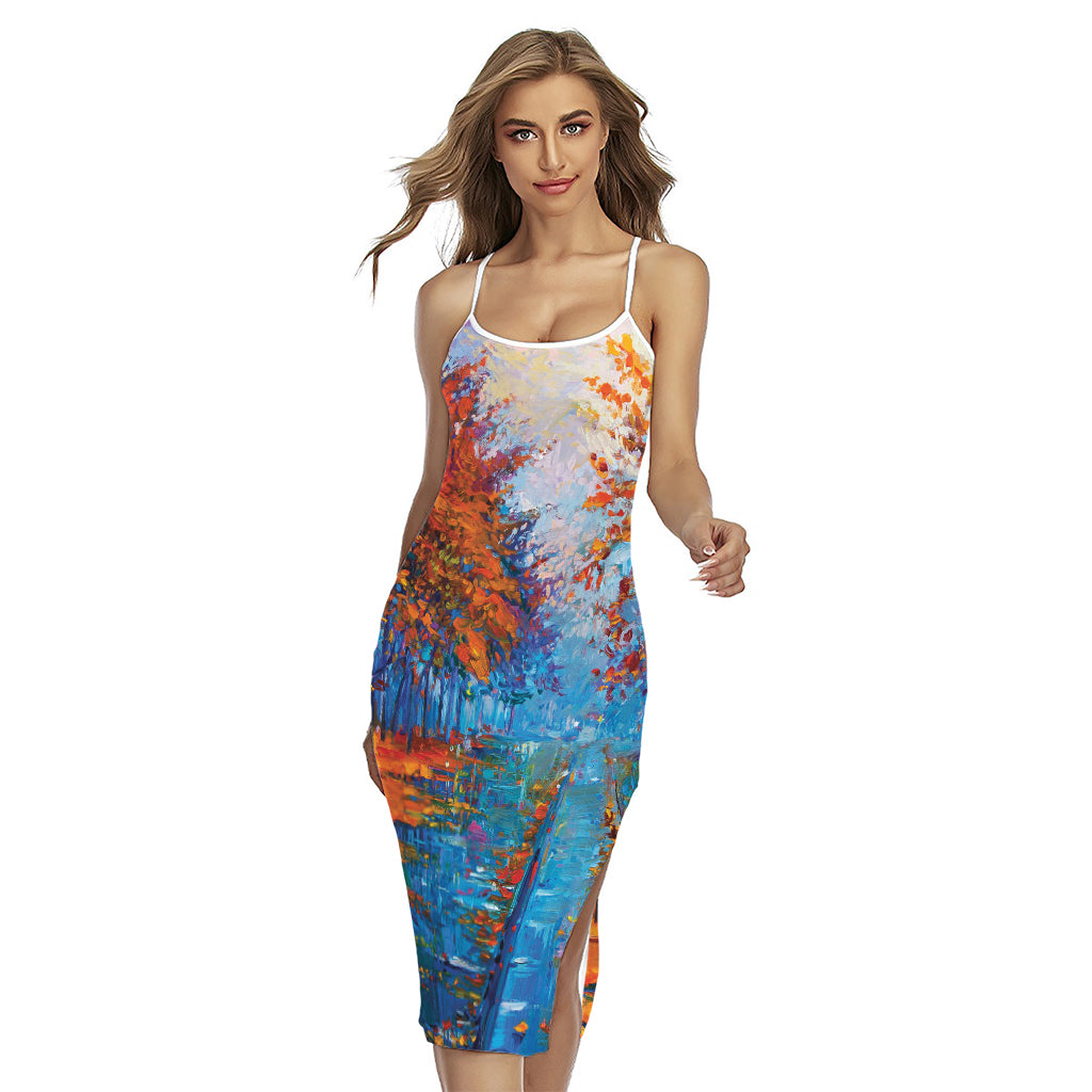 Autumn Painting Print Cross Back Cami Dress