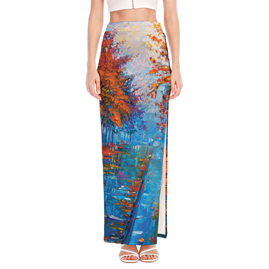 Autumn Painting Print High Slit Maxi Skirt