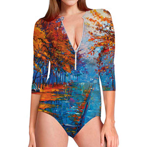 Autumn Painting Print Long Sleeve Swimsuit