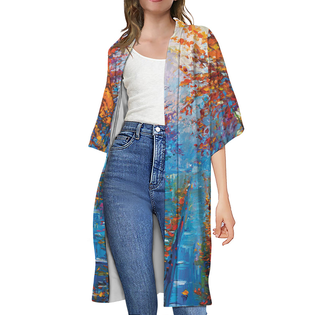 Autumn Painting Print Open Front Beach Cover Up