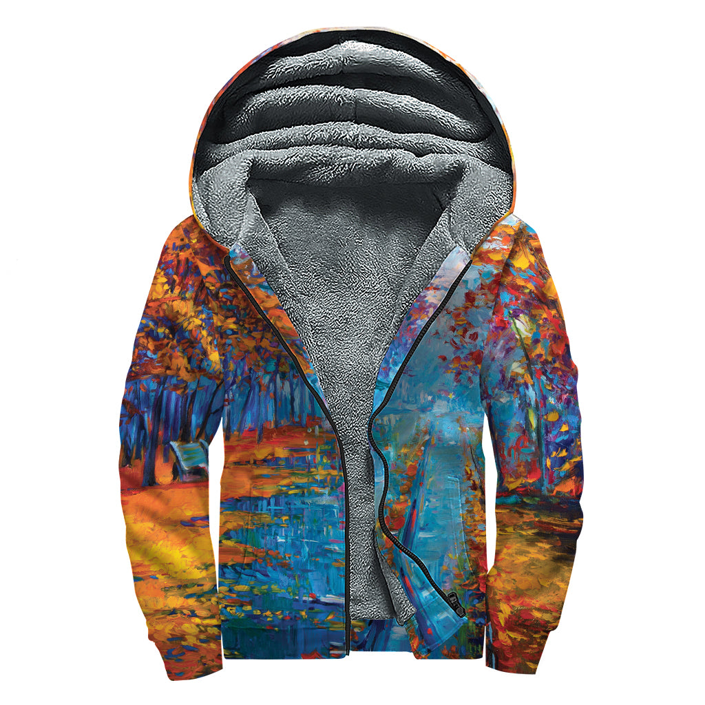 Autumn Painting Print Sherpa Lined Zip Up Hoodie