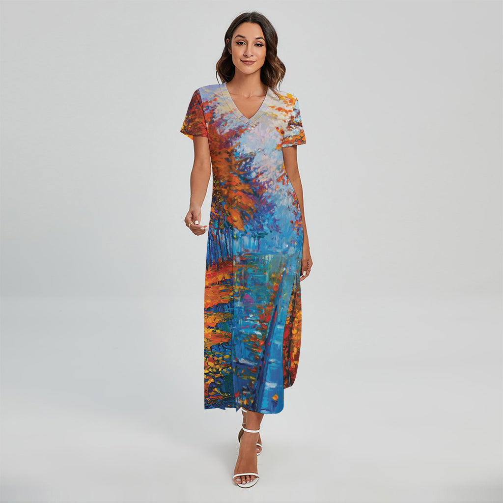 Autumn Painting Print Short Sleeve Maxi Dress