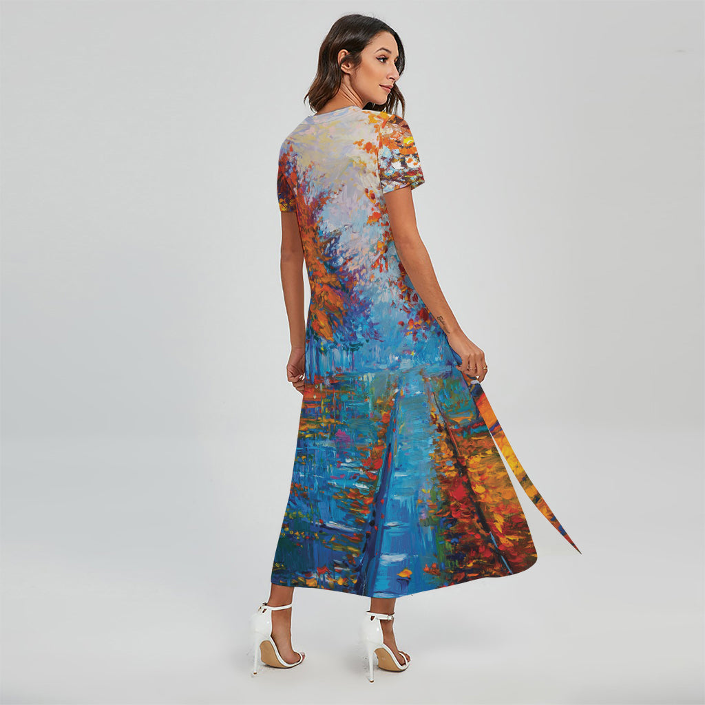 Autumn Painting Print Short Sleeve Maxi Dress