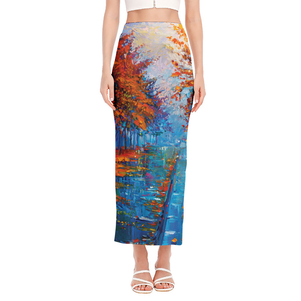 Autumn Painting Print Side Slit Maxi Skirt