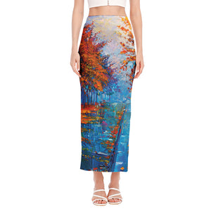 Autumn Painting Print Side Slit Maxi Skirt