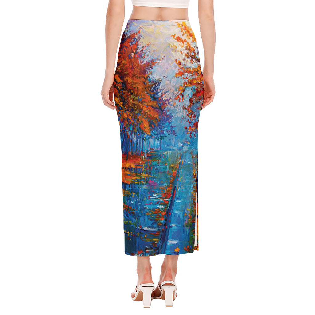 Autumn Painting Print Side Slit Maxi Skirt