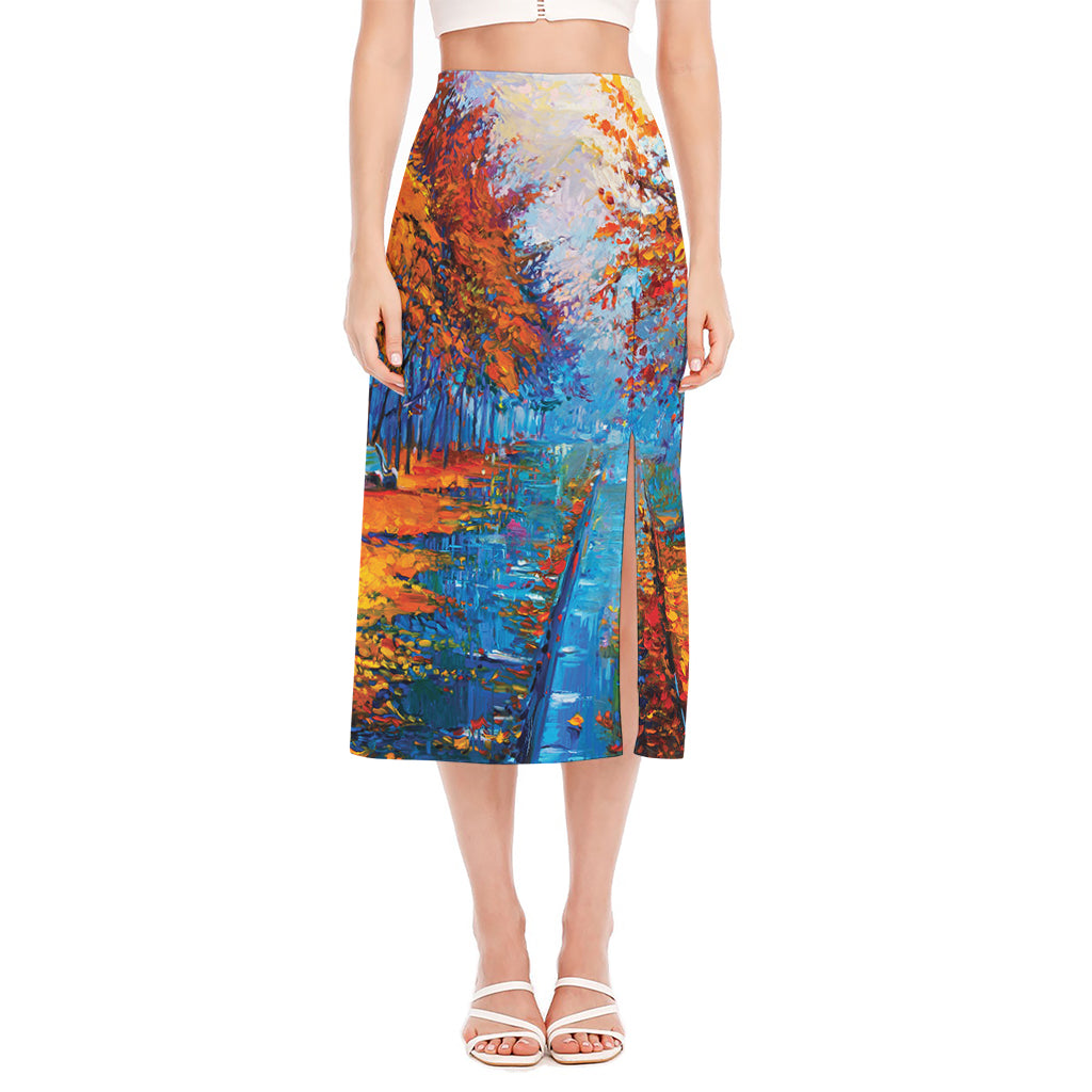 Autumn Painting Print Side Slit Midi Skirt