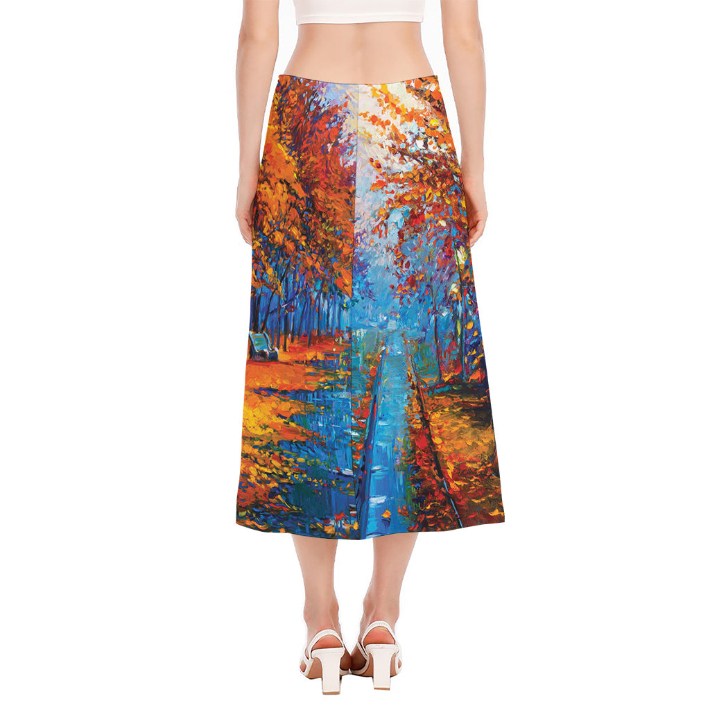 Autumn Painting Print Side Slit Midi Skirt