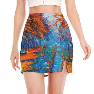 Autumn Painting Print Side Slit Mini Skirt