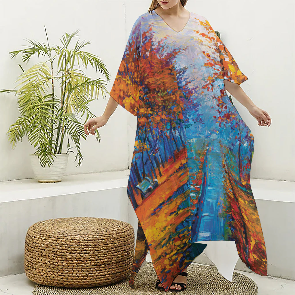 Autumn Painting Print Silk V-Neck Kaftan Dress