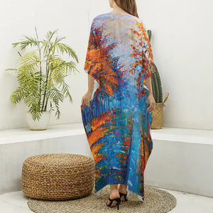 Autumn Painting Print Silk V-Neck Kaftan Dress