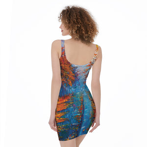 Autumn Painting Print Sleeveless Bodycon Dress