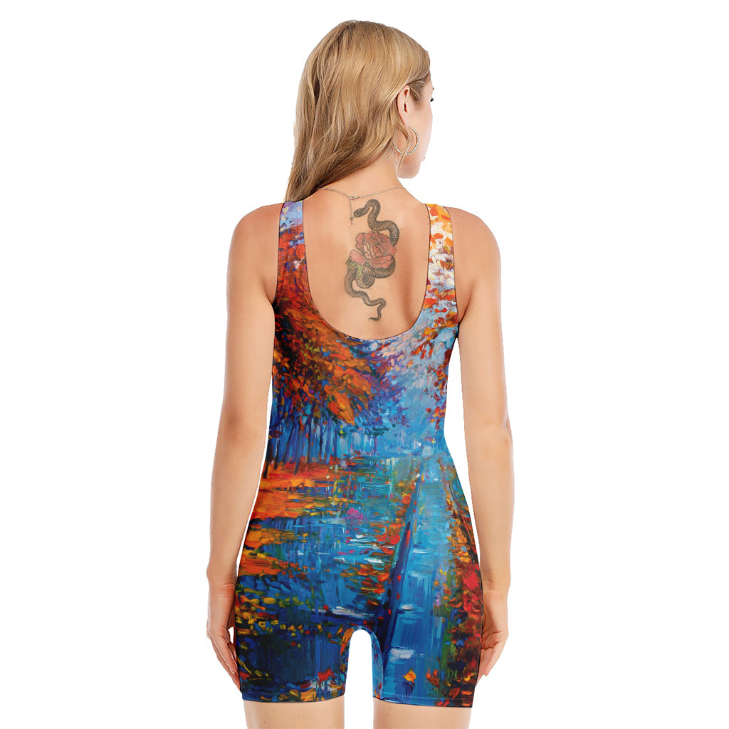 Autumn Painting Print Sleeveless One Piece Swimsuit